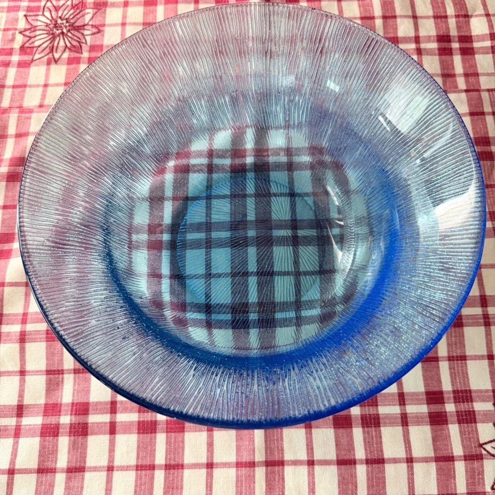 Unbranded Glass Serving Bowl Unisex 10in Blue Excellent Iridescent Ribbed Cobalt